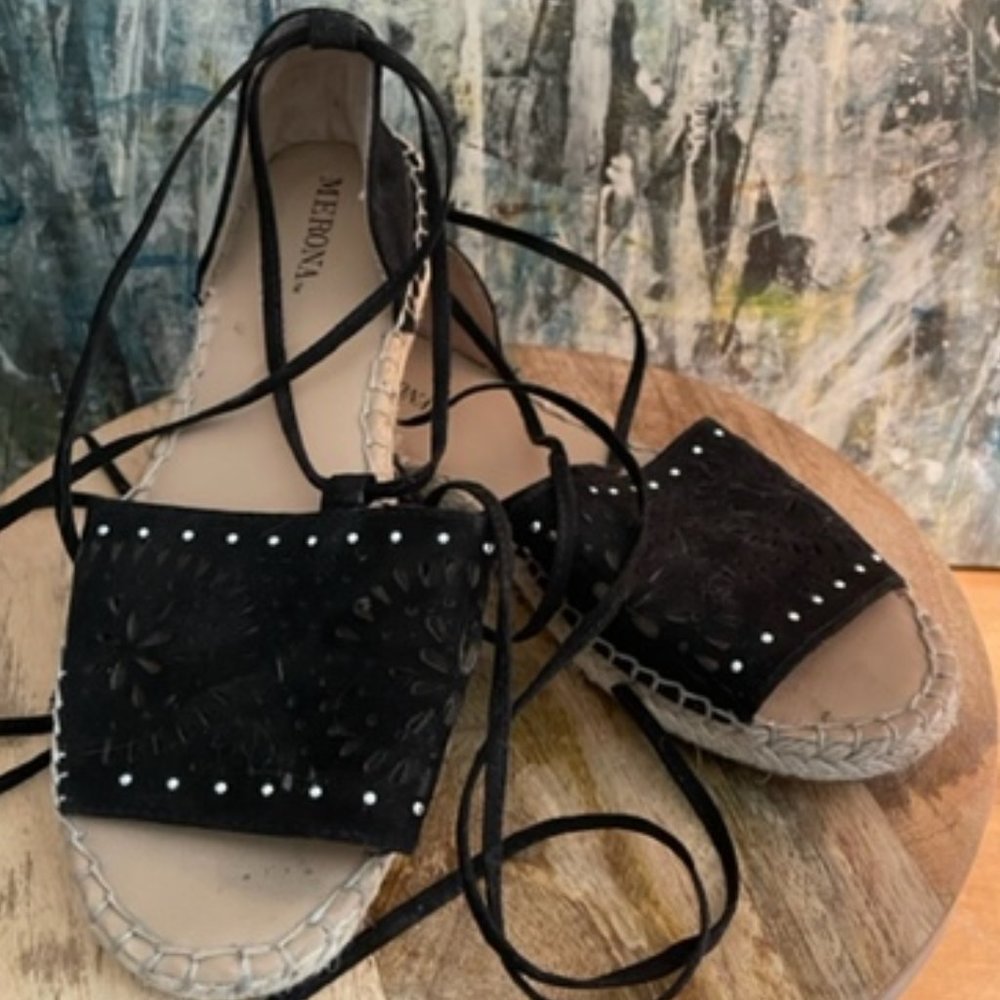 Faux Suede Black Merona Brand Espadrilles with Lace-up Ankle Strings